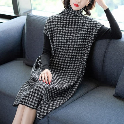 602 ISINBOBO Women's Black Long Sleeve Houndstooth Knitting Stretch Sweater Dress
