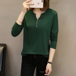 228 Banerdanni Long Sleeve Buttons V-Neck Solid Tee Casual Loose Knit Top Plus
