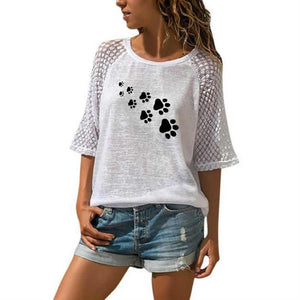 750 Mayhall Women's Lace Crew Neck Short Sleeve Dog Paw Print T-Shirt Plus