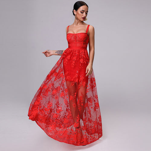 1015 Sue Dream Red Lace Women's Bandage Spaghetti Strap Sheath Silhouette Dress