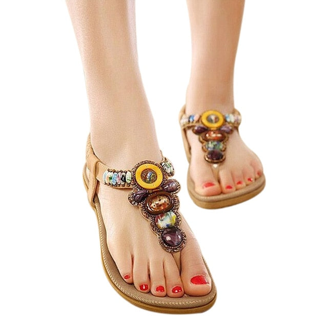 322 CEYANEAO Bohemian Women's Beaded Gemstones Flat PU Leather Sandals