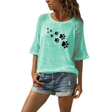 Load image into Gallery viewer, 750 Mayhall Women&#39;s Lace Crew Neck Short Sleeve Dog Paw Print T-Shirt Plus