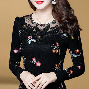 1383 Women's Hollow Out Style Long Sleeve Patchwork Spliced Lace Blouse
