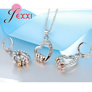 1231 Yaameli Luxury Sterling Silver CZ Heart W/3 Rings Pendant Necklace & Earrings Set