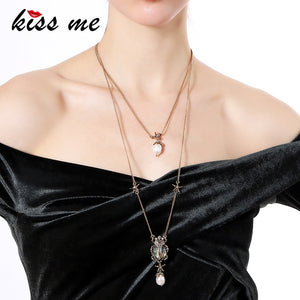 660 KISS ME Crystal Resin Cultured Pearl Beetle Insect Pendant Necklace Double Layers