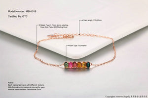 782 Mobuy Natural Gemstone Multi-color Tourmaline Rose Gold Sterling Chain Bracelet