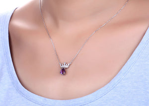 420 Double-Ring Natural Gemstone Amethyst CZ 925 Sterling Silver Pendant Necklace