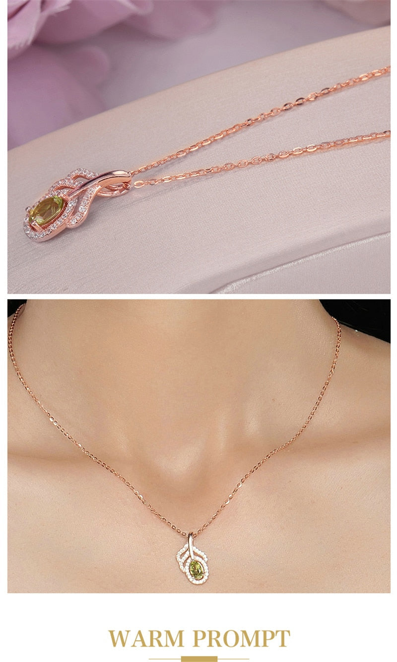 312 CC Gemstone Natural Peridot Pure Silver Leaf Rose Gold Plated Pendant Necklaces