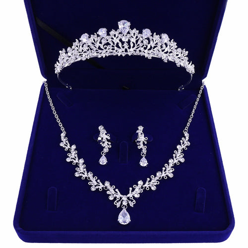 500 George Black Crystal Leaf Rhinestone Crown Necklace Earrings Bridal Jewelry Sets
