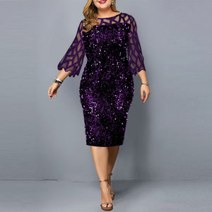 746 Make Tina Women's Elegant Sequin Mesh 3/4 Sleeve Midi Dresses Plus