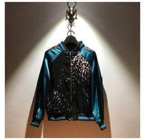 206 Women's Blue Embroidery Bomber Jacket