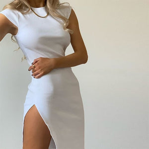 1109 Waatfaak Women's Summer Vintage Style Split White Dress
