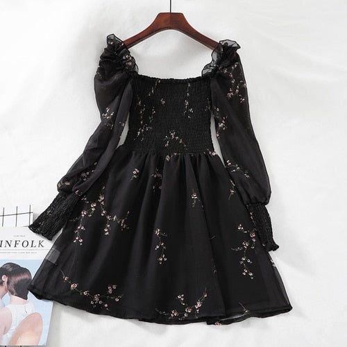 1124 Woherb Women's Vintage Style Puff Sleeves Chiffon Flower Black Dress