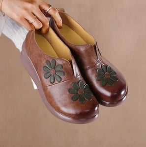 1118 WIENJEE Embroidered Flower Genuine Leather Flat Increase Wedge Shoes