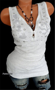 714 Liva Girl Women's Cotton V-Neck Sleeveless Created Diamonds Tank Top Plus