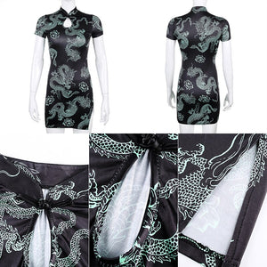 1107 Waatfaak Cut Out Chinese Style Short Sleeve Dragon Straight Mini Dress