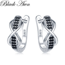 Load image into Gallery viewer, 268 Black Awn 925 Sterling Silver Round Black Trendy Spinel Bow Hoop Earrings