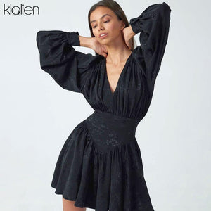 662 KLALIEN Women's Black Chiffon Printing Elegant Pleated Mini Black Dress