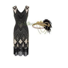 Load image into Gallery viewer, 343 Coldker Flapper Headpiece 1920s V-Neck Beaded Fringed Great Gatsby Dress