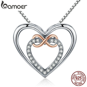 216 BAMOER Authentic Sterling Silver Infinity Love Double Heart CZ Pendant Necklace