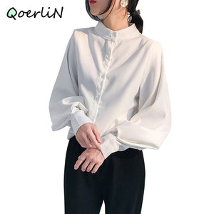 907 Qoerlin Big Lantern Sleeve Single Breasted Stand Collar Blouse