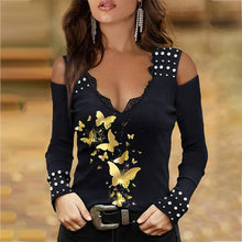 Load image into Gallery viewer, 1414 Women&#39;s Rose Butterfly Print Stretch V-neck Hollow Sleeve Top
