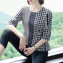 Load image into Gallery viewer, 929 RibbonFish Women&#39;s Summer Chiffon O-Neck Half Sleeve Plaid Loose Tops Plus