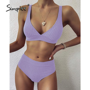 983 Simplee  Solid Ribbed High Waist V-Neck Swimsuit Bathing Suit