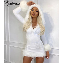 Load image into Gallery viewer, 937 Rockmore Furry Long Sleeve V-neck Hooded Christmas Mini Dresses