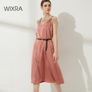1122 Wixra Women's Elegant Satin V-Neck Mid-Calf Spaghetti Strap Dress
