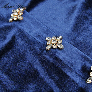 774 MoaaYina Fashion Designer Sequin Lantern Sleeve Crystal Button Velvet Dresses