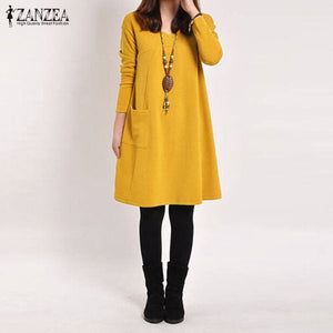 1260 Zanzea Women's Long Sleeve O-neck Pocke Loose Midi Dress Plus