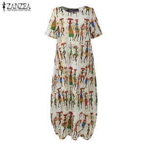 1267 ZANZEA Women's Summer Short Sleeve High Waist Printed Maxi Dress Plus
