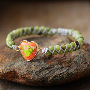 668 Koysko Unique Natural Stone Braided Heart Charm Bracelets