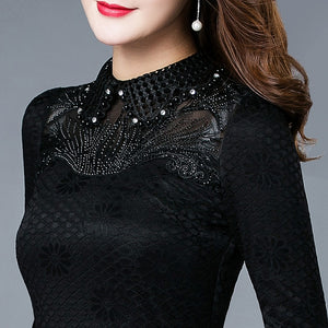 1385 Women's Stand Collar Long Sleeve Lace Top