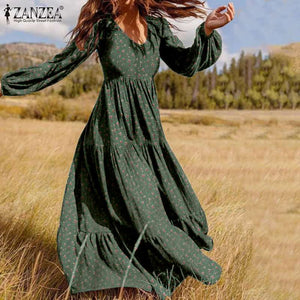 1393 Women's Long Puff Sleeve Floral Ruffle Maxi Dress