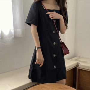 711 LISM Women's Summer French Cotton A-line Square Neck Thin High Waist Dresses