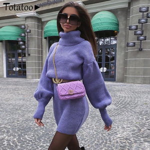1061 Totatoop Women's Turtleneck Knit Lantern Long Sleeve Sweater Mini Dress