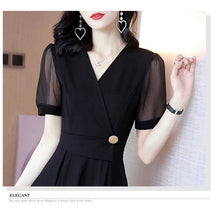 Load image into Gallery viewer, 689 Lanjing Women&#39;s Black Short Sleeve Slim A-line French Little Black Dress Plus