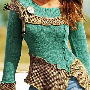 880 Oriental Enjoy Women's O-Neck Long Sleeve Slim Ruffle Pullover Sweaters Plus