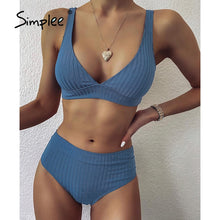 Load image into Gallery viewer, 983 Simplee  Solid Ribbed High Waist V-Neck Swimsuit Bathing Suit