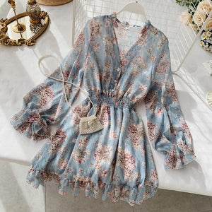 149 Abebey Women's French Temperament V-neck Long Sleeved Chiffon Floral Dress