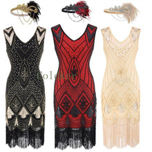 Load image into Gallery viewer, 343 Coldker Flapper Headpiece 1920s V-Neck Beaded Fringed Great Gatsby Dress