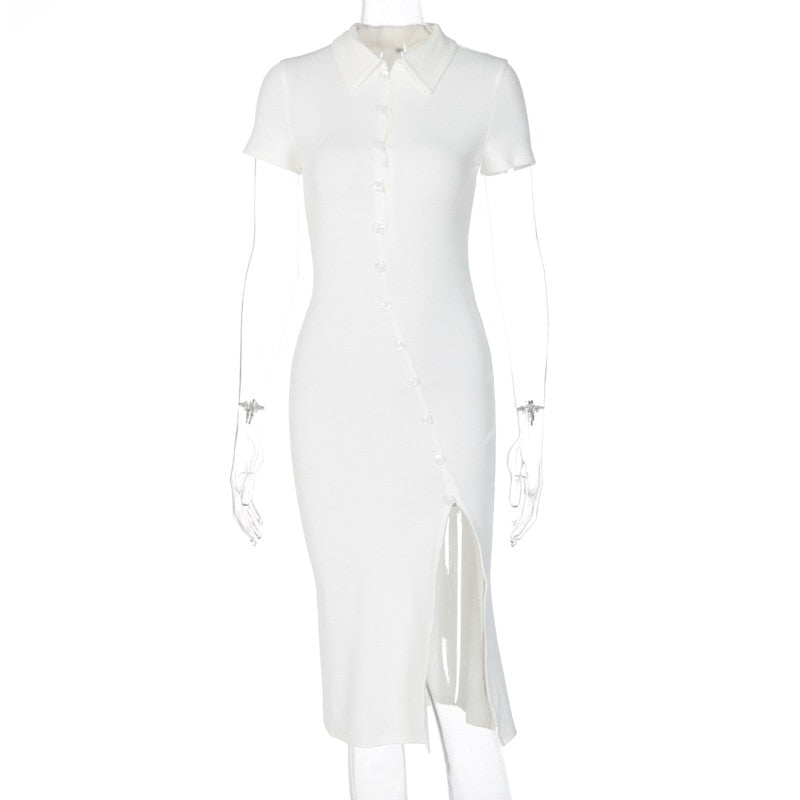 365 Cryptographic Women's Turn-Down Collar Short Sleeve Split Midi Dress