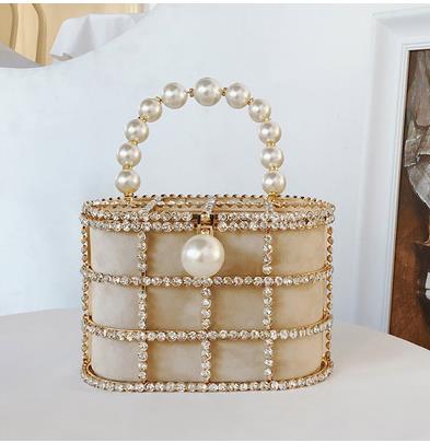 445 ENJOININ High Quality Openwork Basket Design Faux Diamonds Pearls Handbags