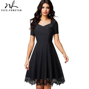 834 Nice-forever Elegant Short Sleeve Embroidery Black Lace Swing Dresses