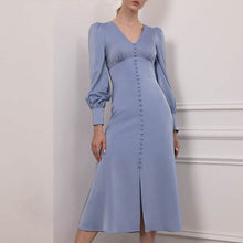 Load image into Gallery viewer, 752 Mcckle Women&#39;s Lantern Sleeve A-Line High Waist Slim Elegant Satin Long Dresses
