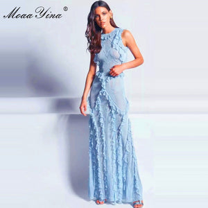776 MoaaYina Fashion Designer Lace Patchwork Sleeveless Ruffles Long Dress