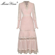 Load image into Gallery viewer, 769 MoaaYina Fashion Designer Dress Lace Lantern Sleeve Ruched Elegant Dresses