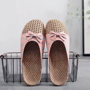 1396 Women's Breathable Linen Slip on Floral Bow-knot Sandals